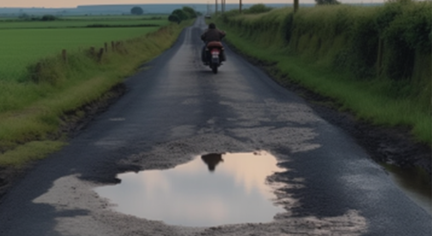 A motorcyclist riding down a damaged road