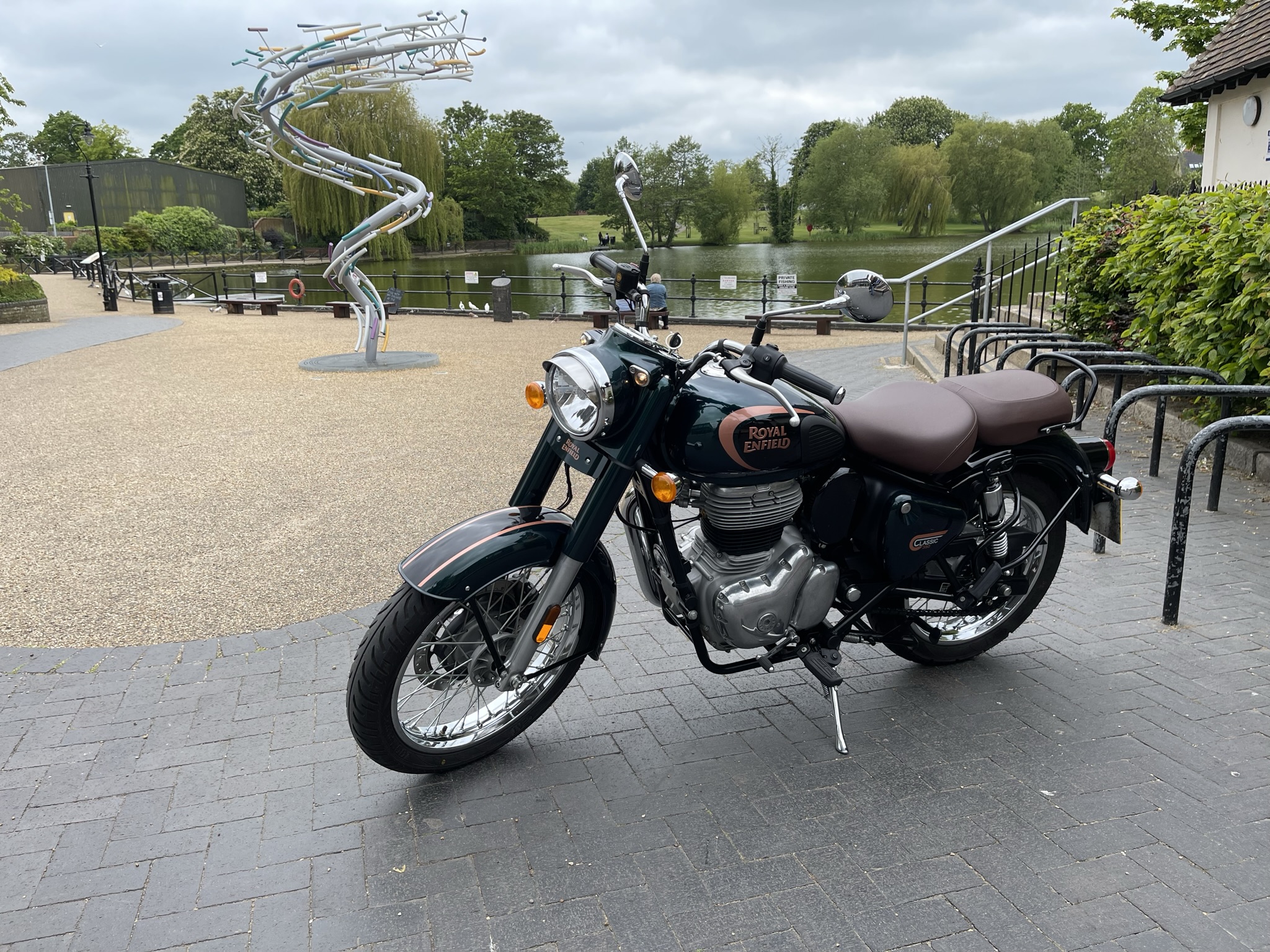 Royal Enfield Classic 350 at Diss Mere with new sculpture