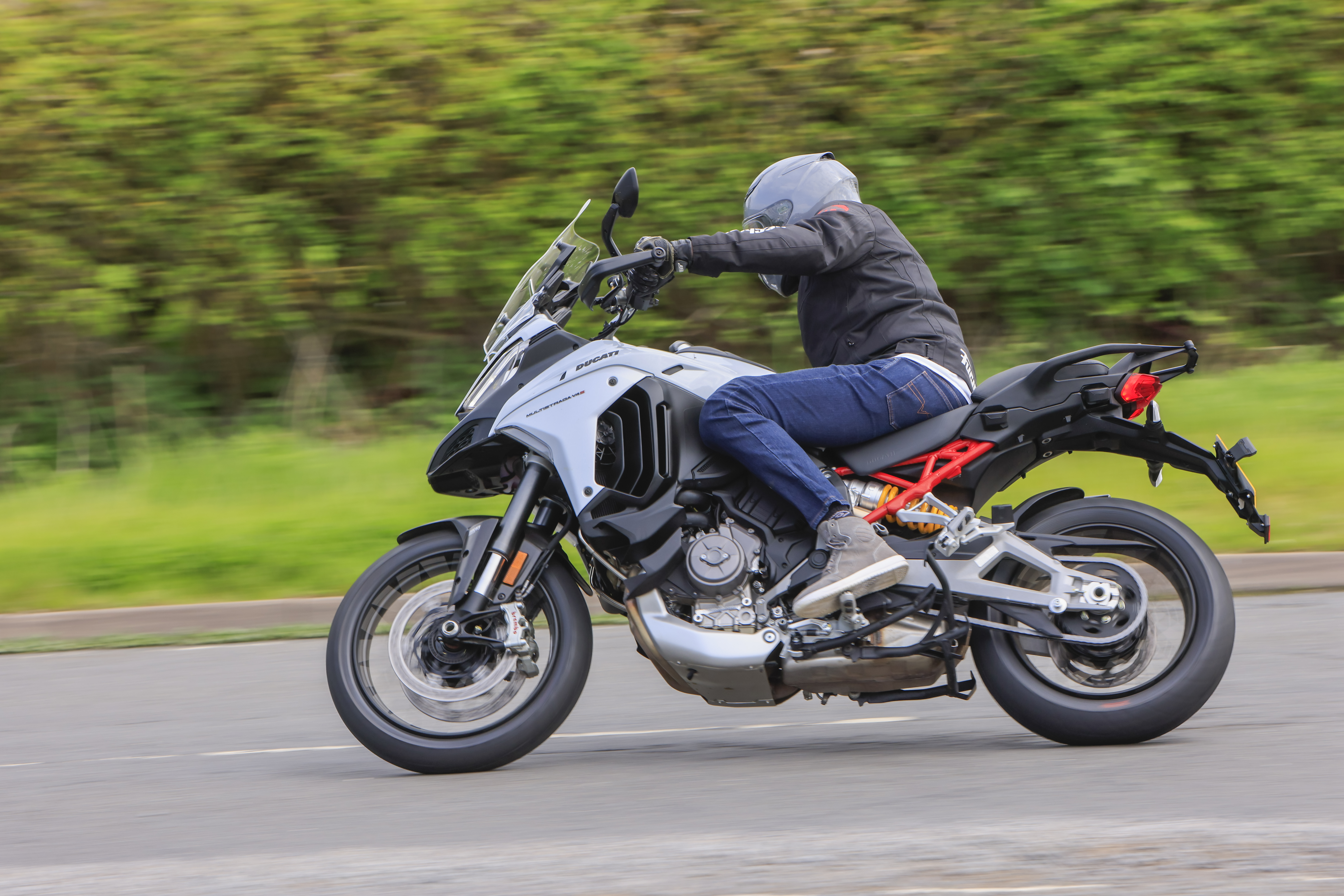 Ducati Multistrada V4S engine from side on, Alex riding.