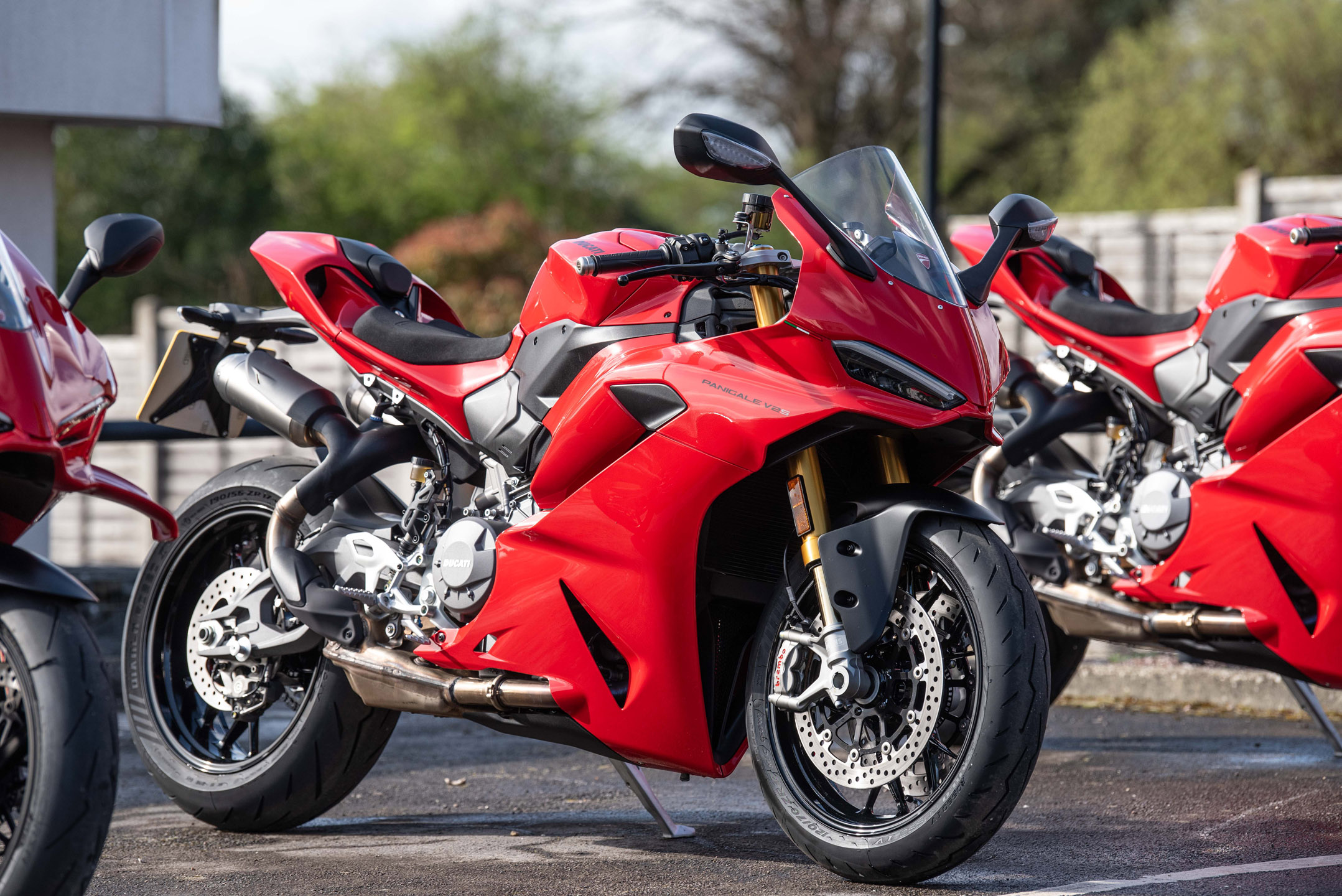 Close up of the red/black Ducati sports bike parked in a car park in Peteborough