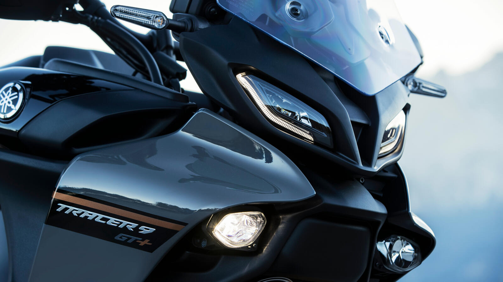 Front of Yamaha Tracer 9 GT + featuring new 2023 radar system