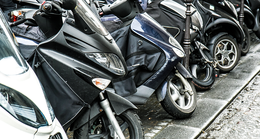 parked motorbikes in a city