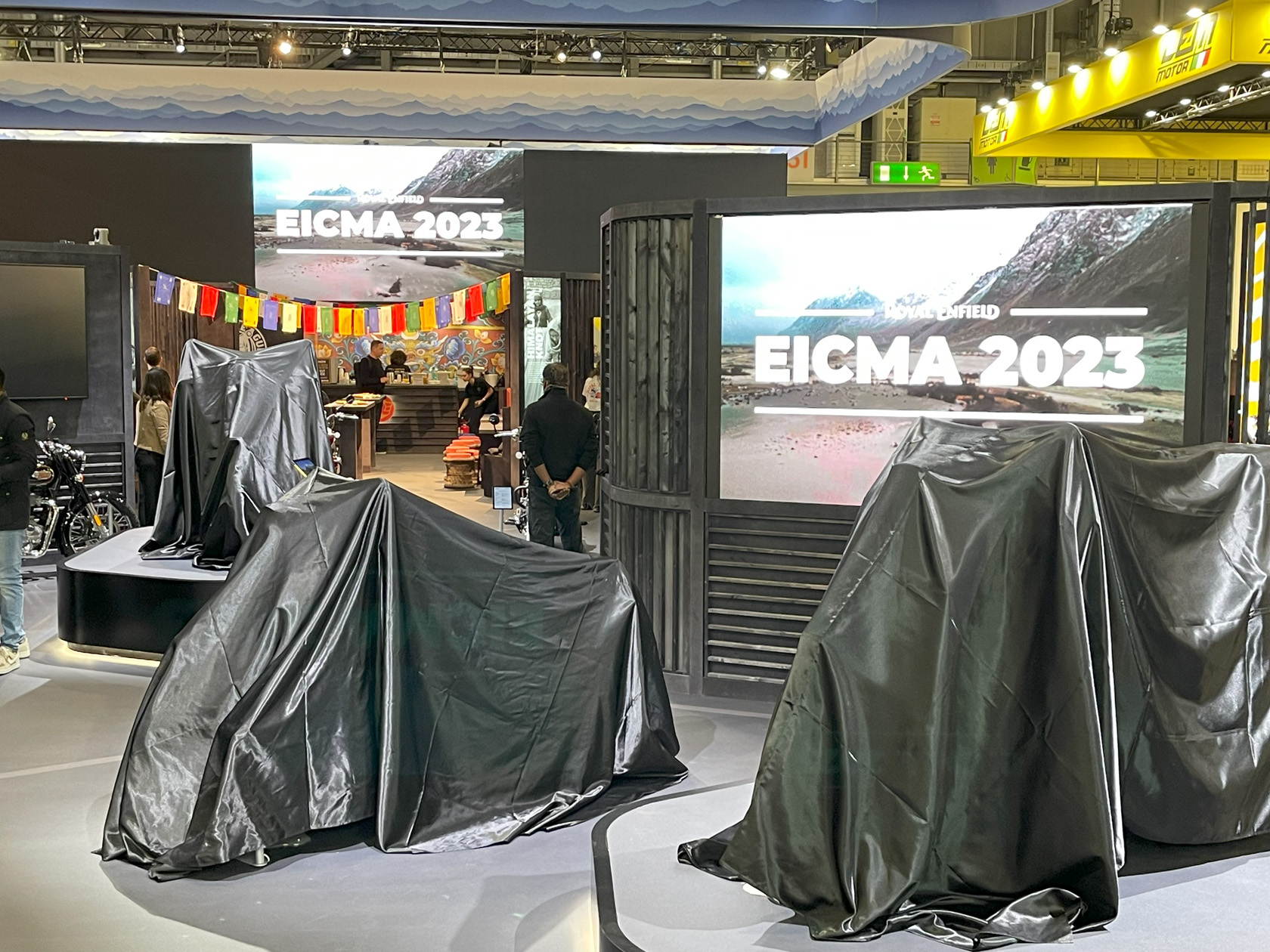 Royal Enfield stand at EICMA 2023 - with motorcycles under covers