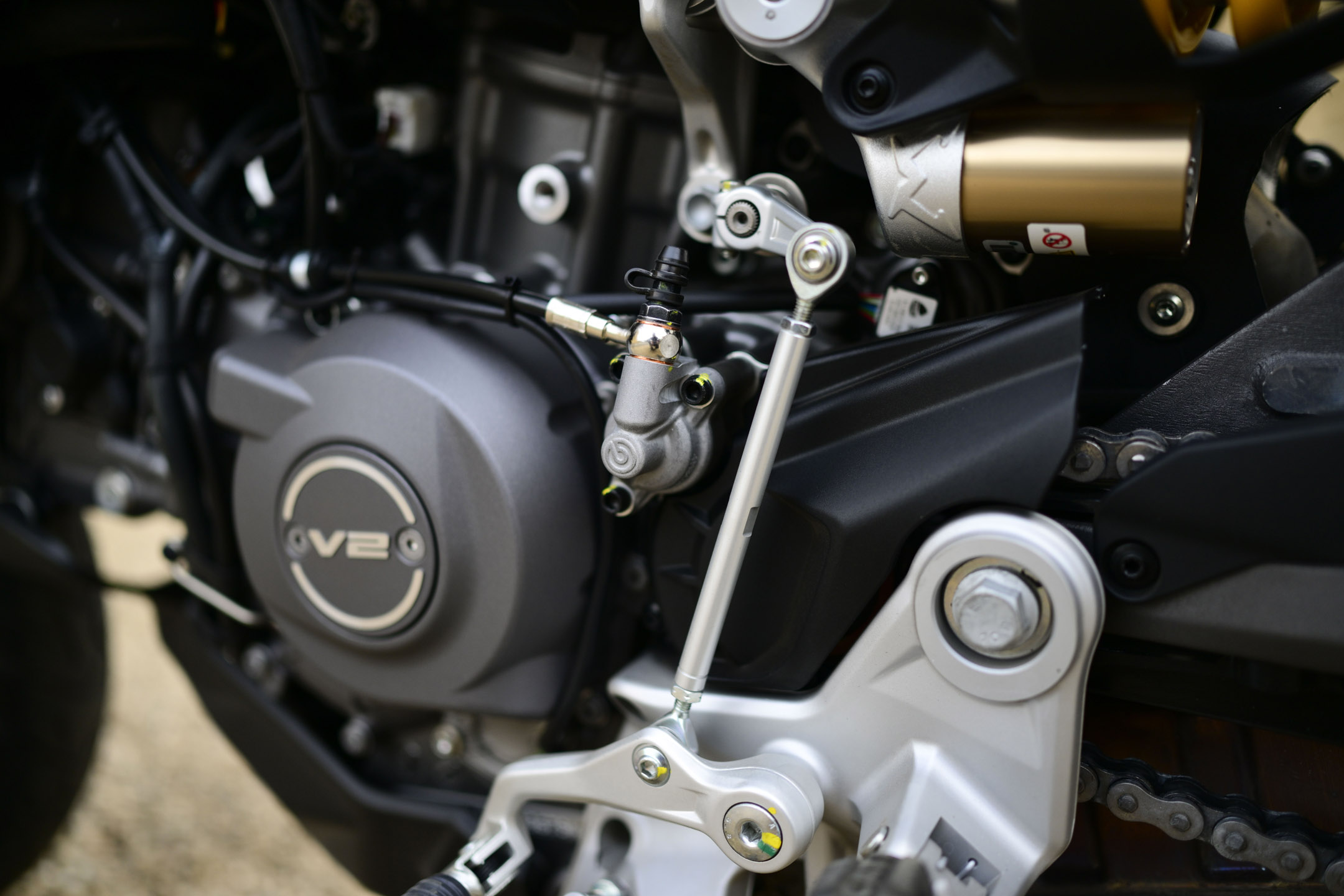Close up of the V2 Ducati engine