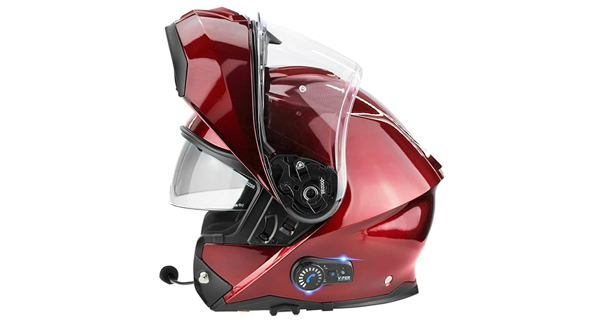 viper rsv191 flip up motorcycle helmet in red on a white background