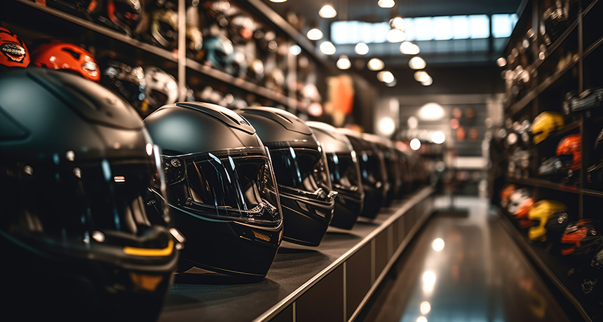 motorbike helmets on display