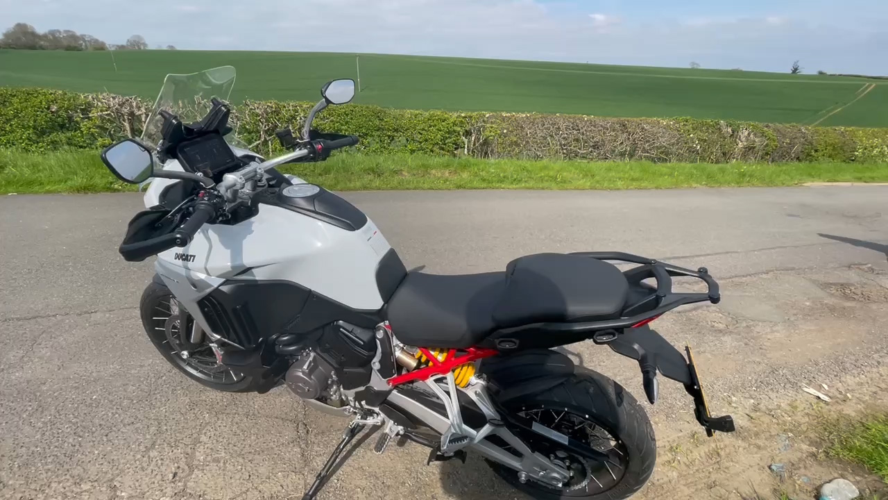 Ducati Multistrada V4S parked up, rear suspension on show.